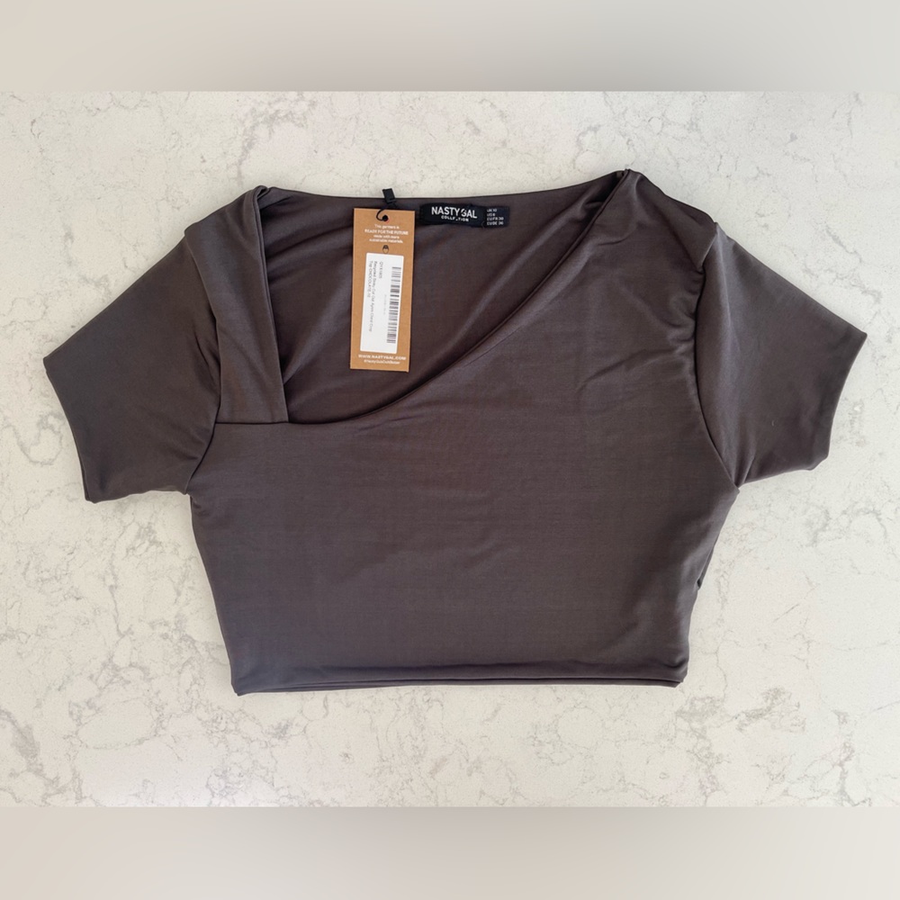 Nasty Gal NWT Recycled Slinky Cut Out Asymmetrical Crop Top - Chocolate